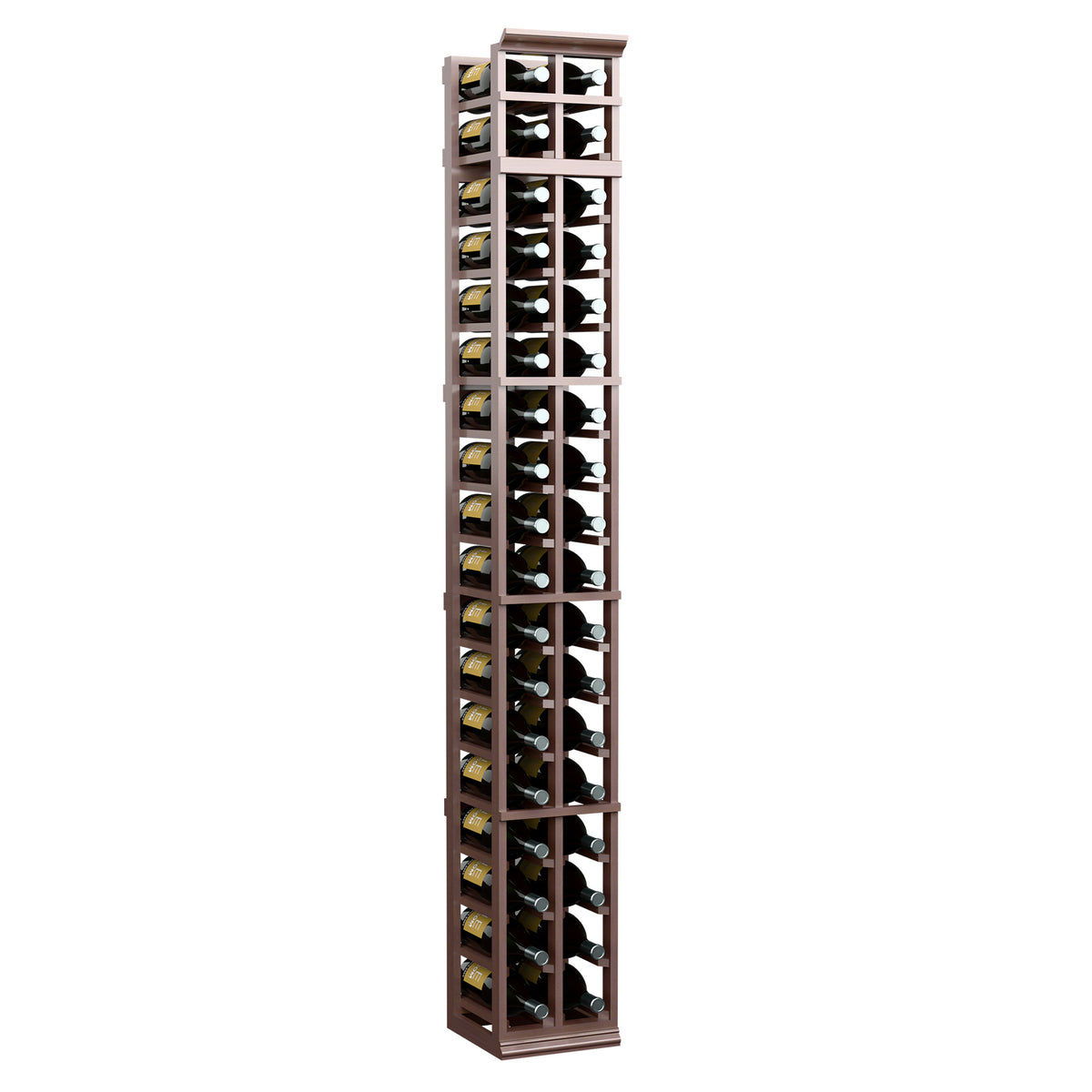 Two-column wooden wine rack, 7ft tall, rich brown frame with bottle slots