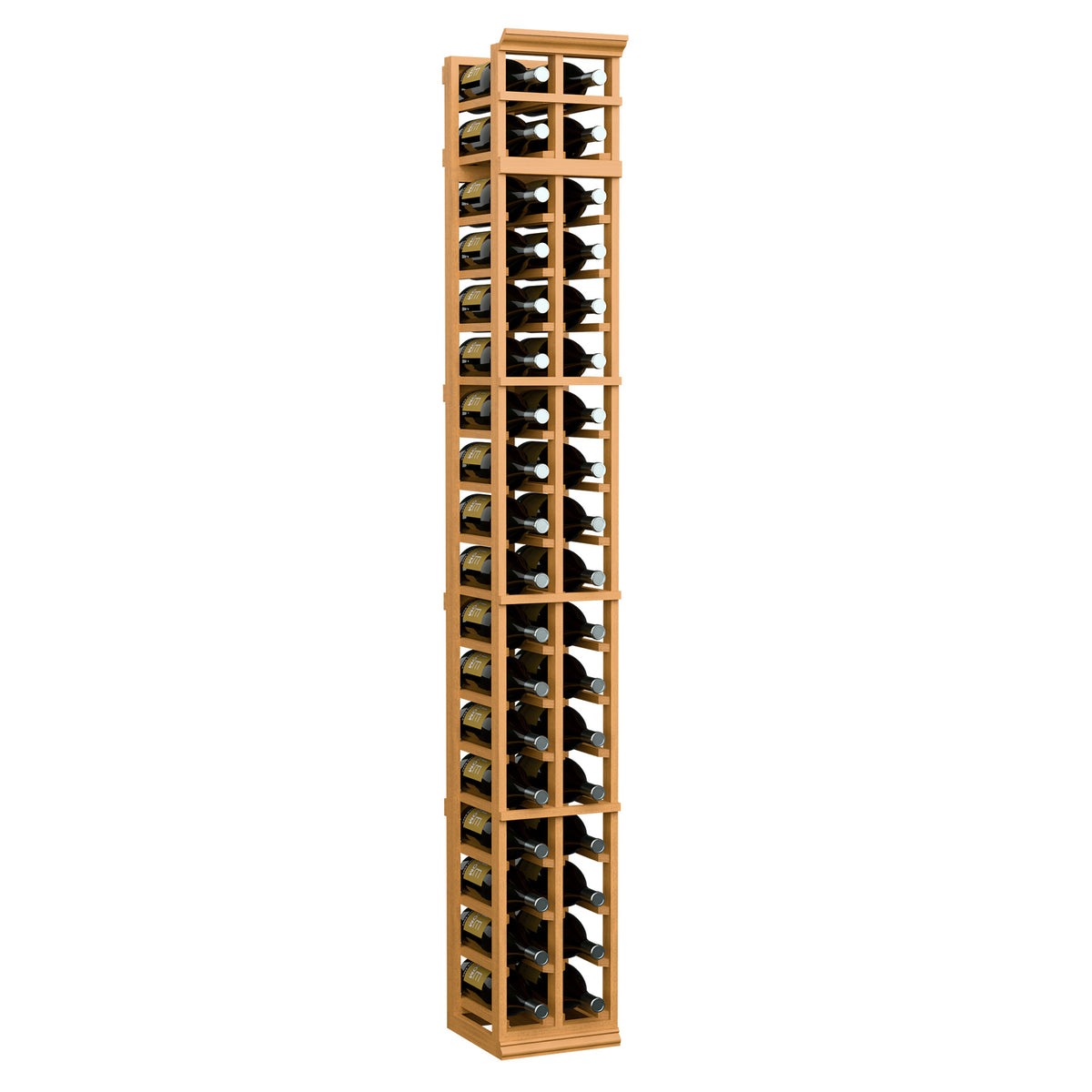 Two-column wooden wine rack, 7ft tall, warm walnut frame with bottle slots
