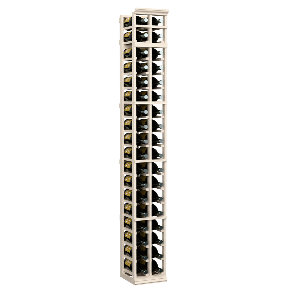 Two-column wooden wine rack, 7ft tall, bright white frame with bottle slots