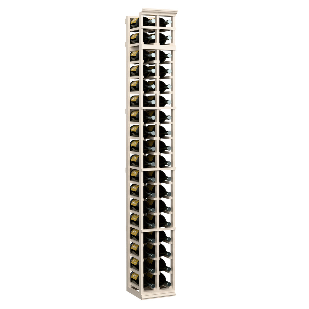 Two-column wooden wine rack, 7ft tall, pale whitewash frame with bottle slots