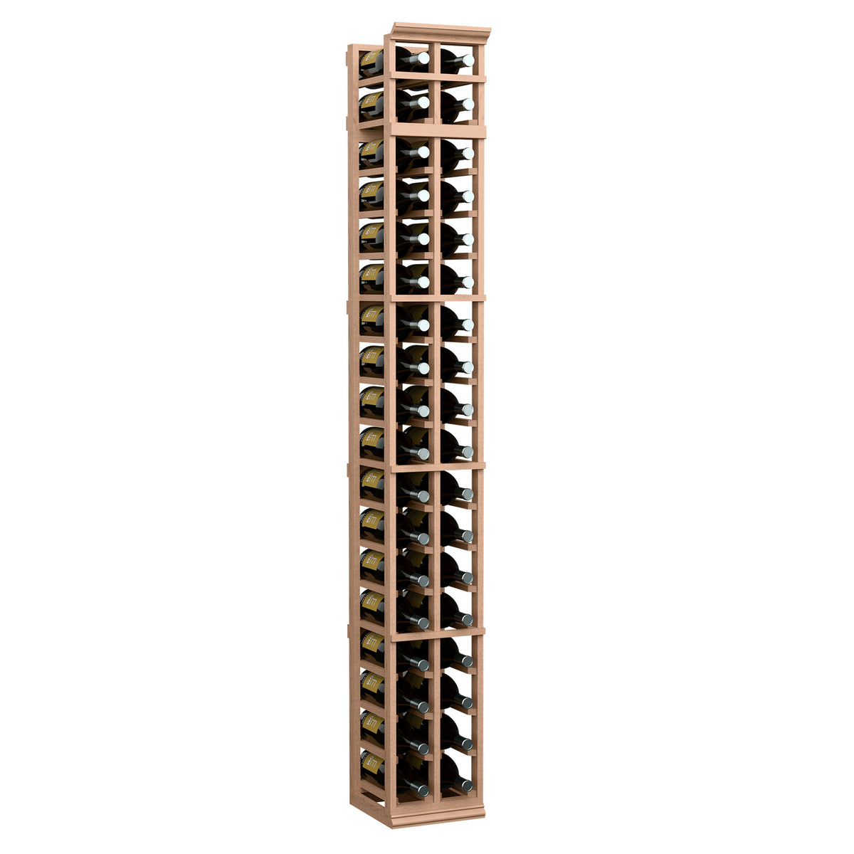 Two-column magnum wine bottle rack, light wood frame with grid-style bottle compartments