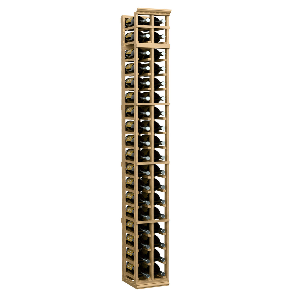 Two-column magnum wine bottle rack, pale wood frame with evenly spaced bottle bays