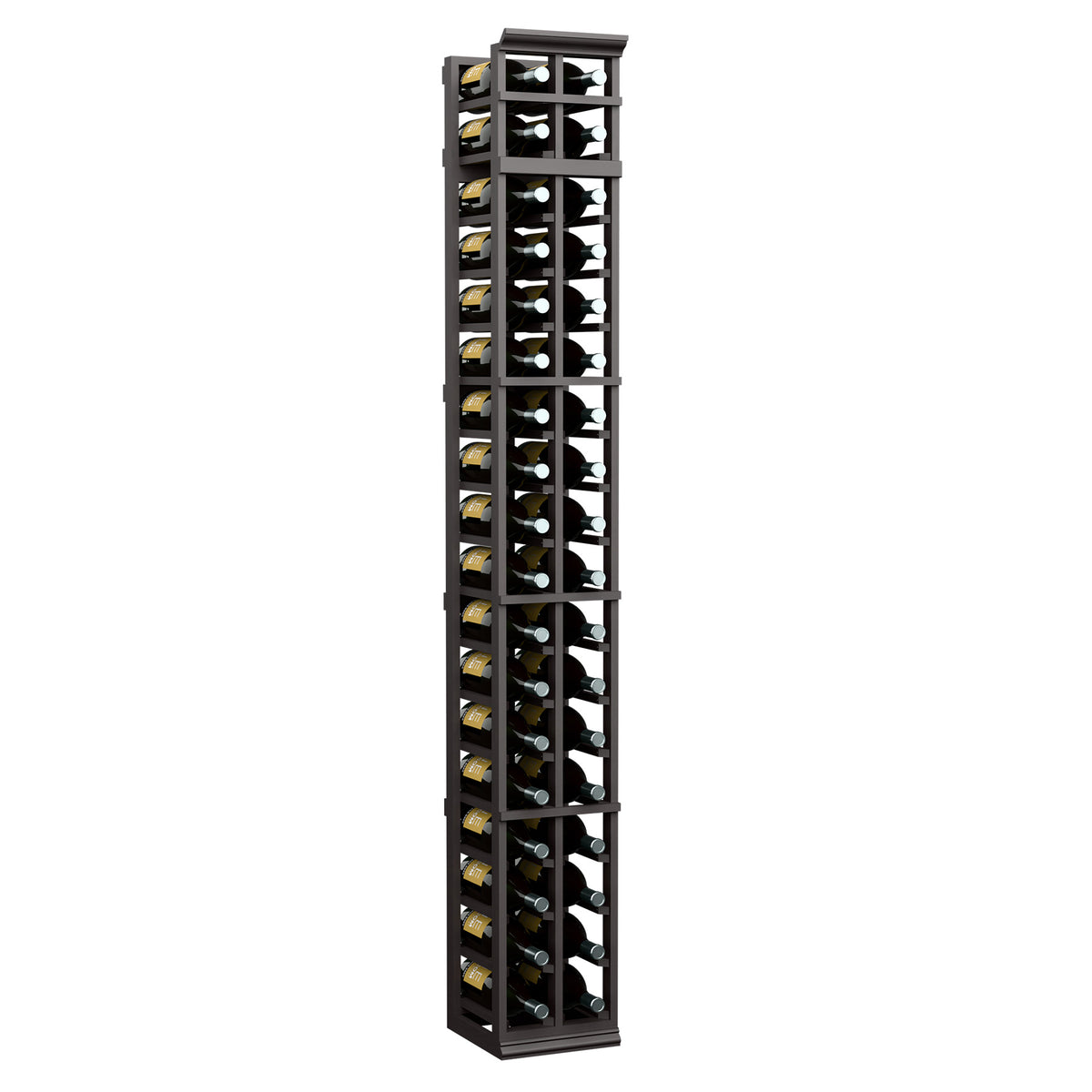 Two-column magnum wine bottle rack, dark black frame with open bottle compartments