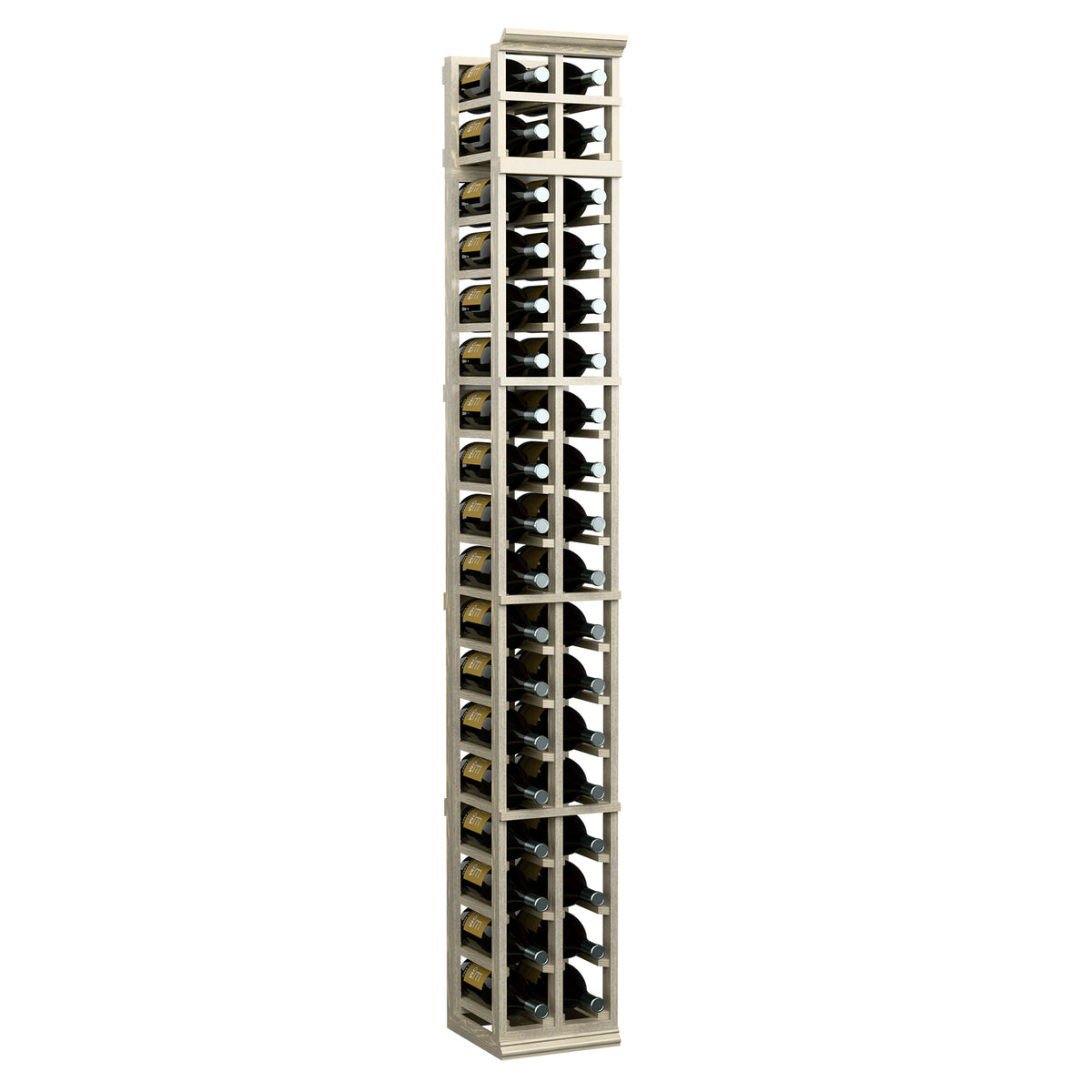 2-column magnum wine rack, tall white-finished wood cabinet with repeating bottle holder cubes