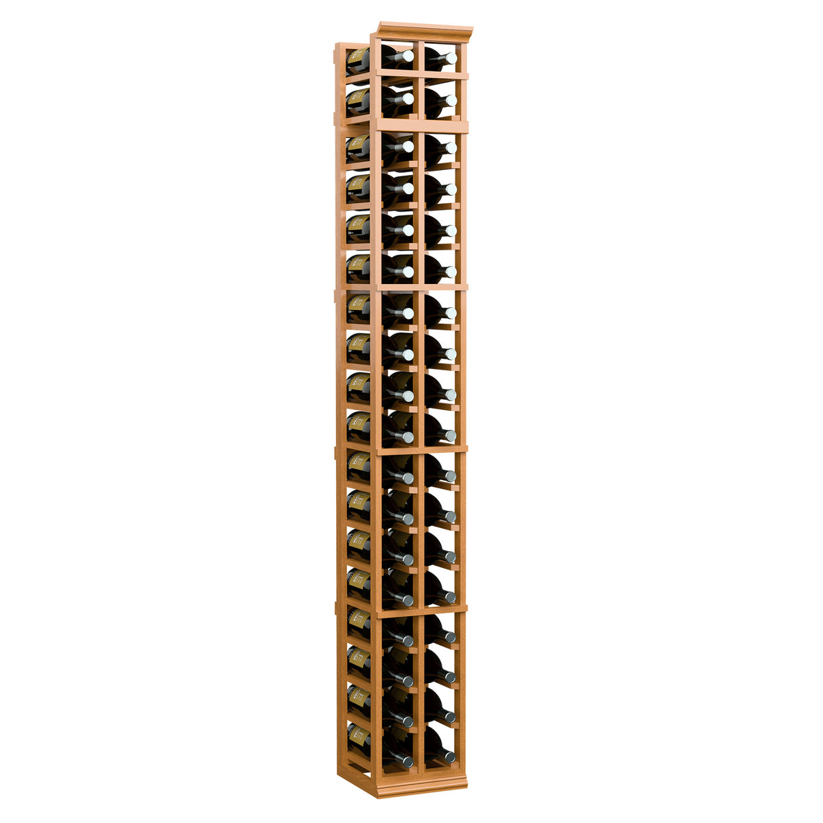 2-column magnum wine rack, tall amber wood cabinet with grid dividers for magnum bottles