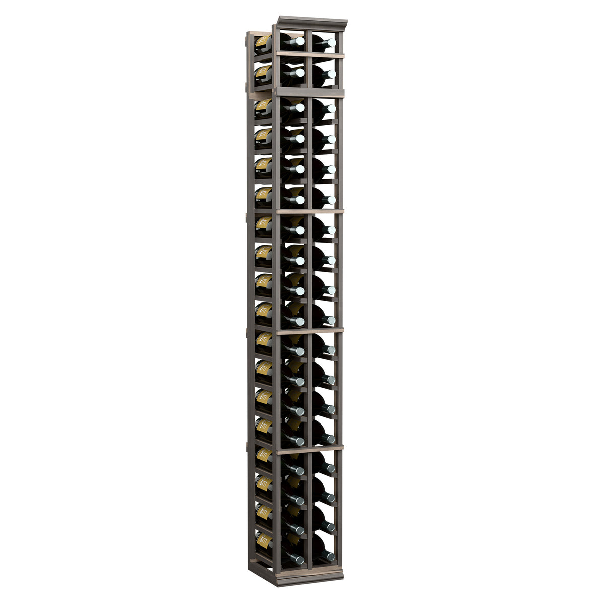 Black two-column wine bottle rack with open cube-style storage shelves.