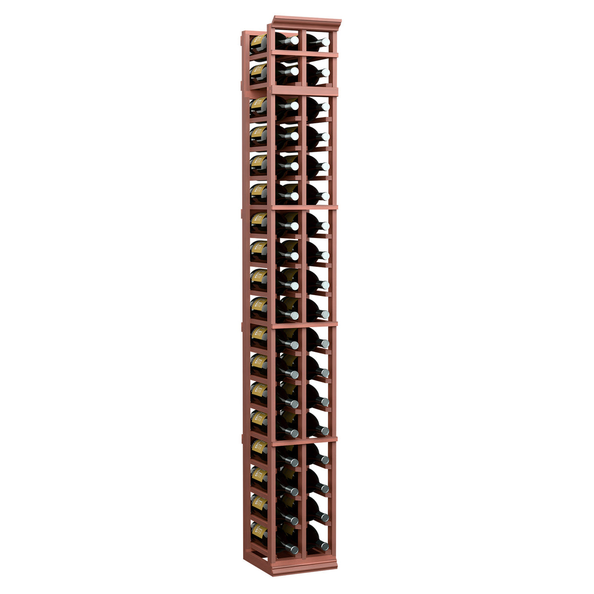 Red-brown two-column wine bottle rack with open cube-style bottle storage.