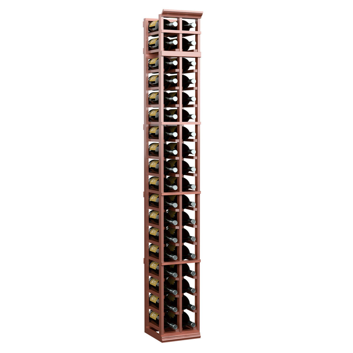 Dark red two-column wine bottle rack with open square bottle shelves.