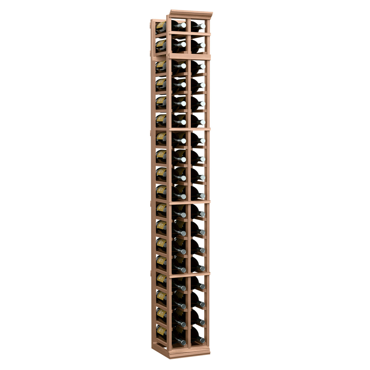 Light wood two-column wine bottle rack with open cube-style bottle slots.