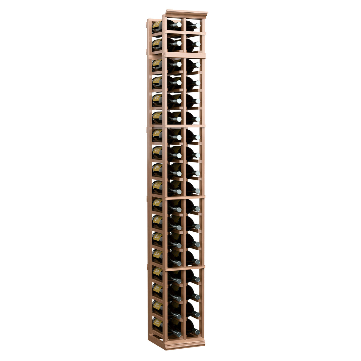 Light wood two-column wine bottle rack with open square shelves for bottles.