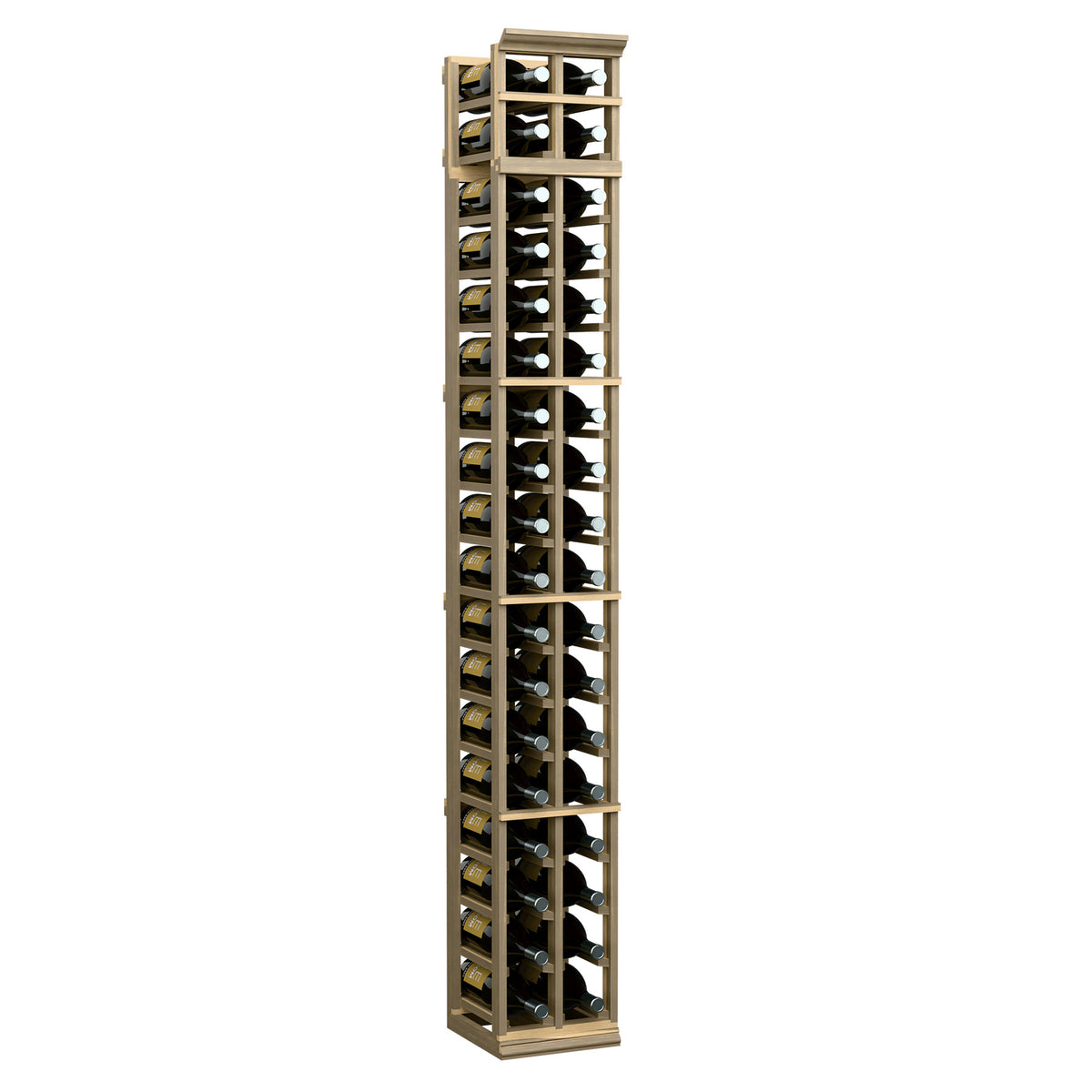 Natural light wood two-column wine bottle rack with open bottle storage compartments.