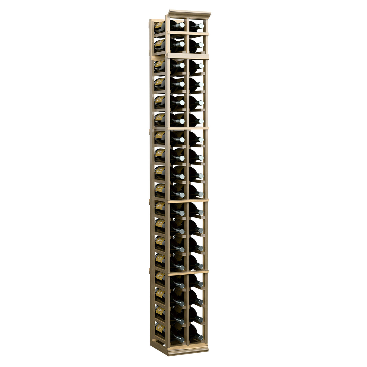 Light wood two-column wine bottle rack with open cube-style bottle holders.