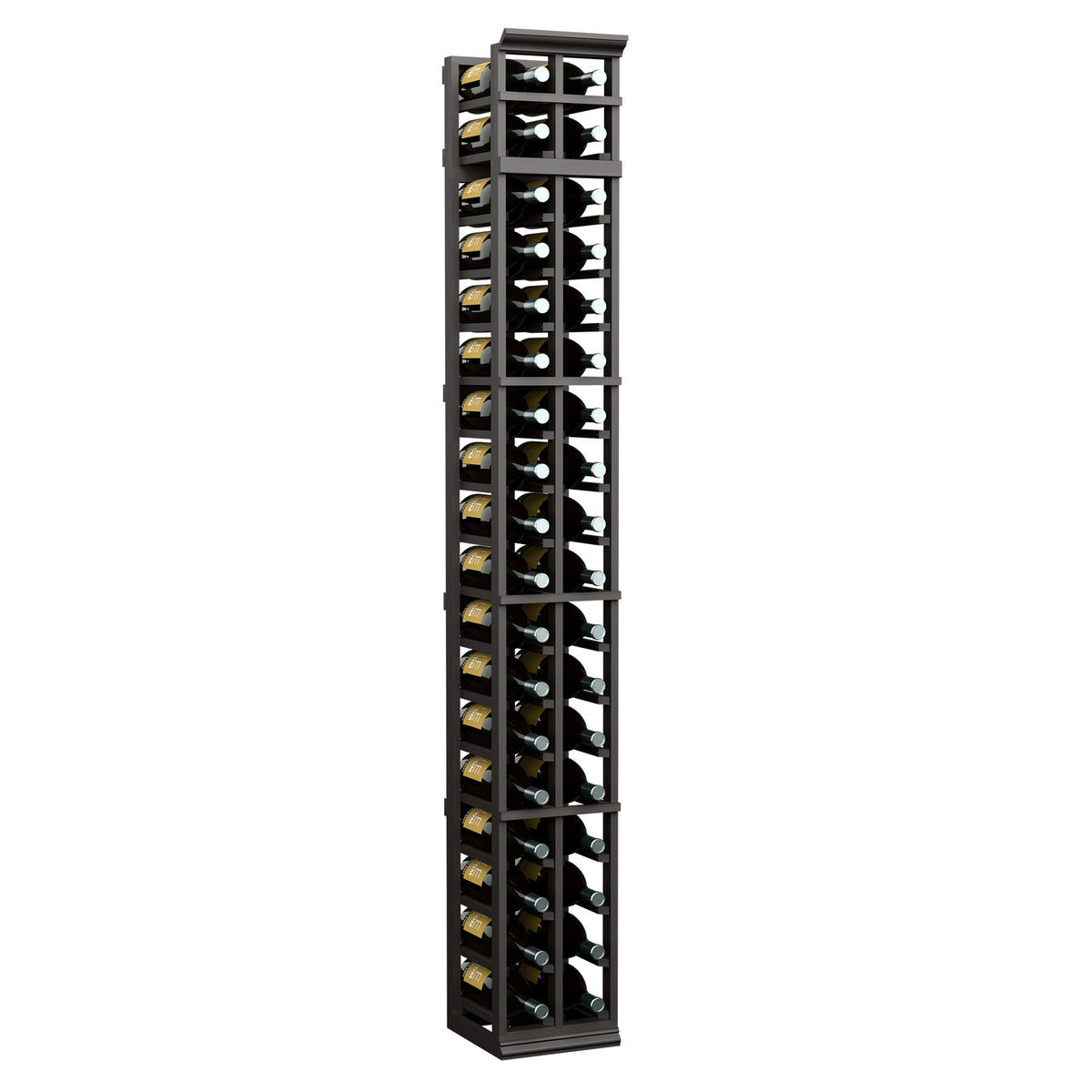 Matte black two-column wine bottle rack with open cube-style storage shelves.