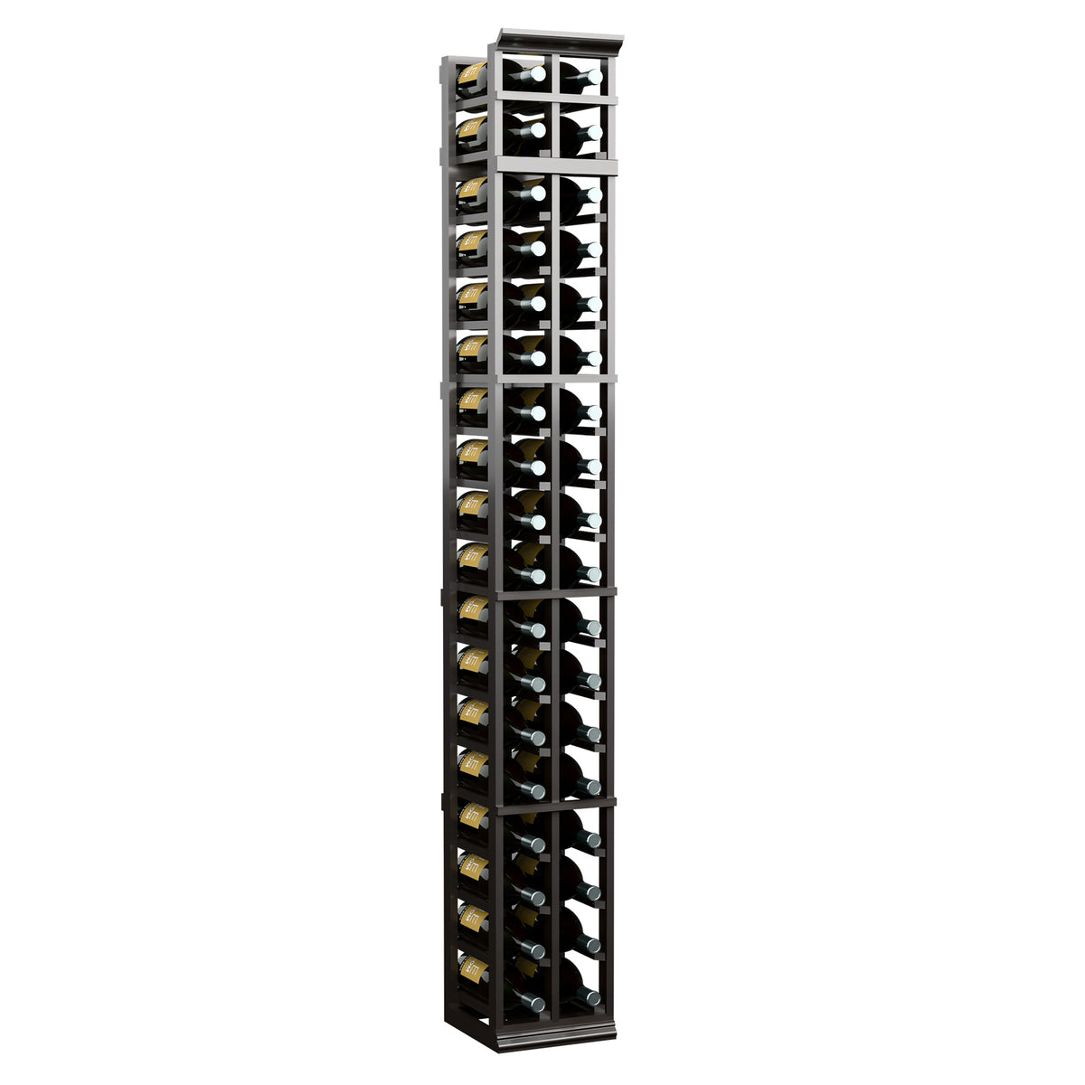 Black two-column wine bottle rack with open square slots for bottles.