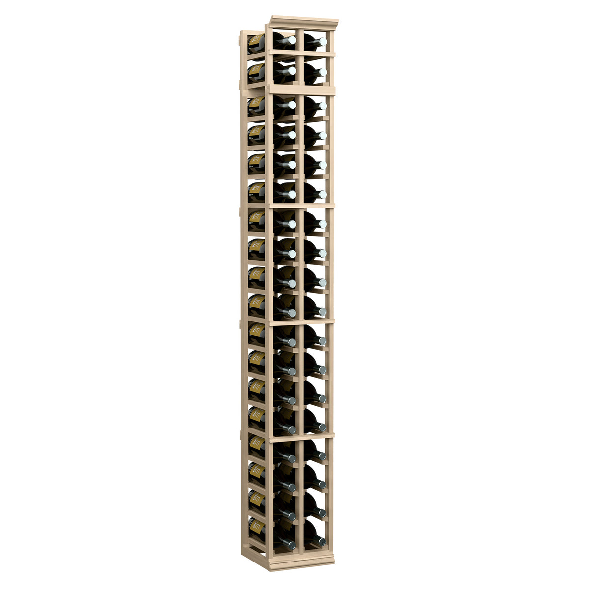 Two-column wine rack (7 ft) in light wood, holds bottles in stacked grid slots