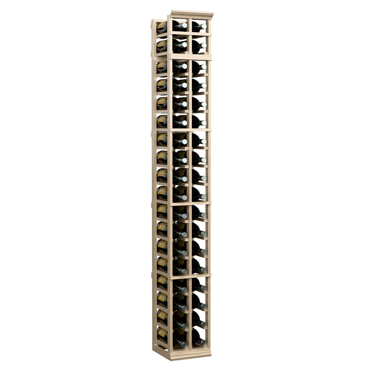 Two-column wine rack (7 ft) in light wood, tall cabinet with bottle storage rows