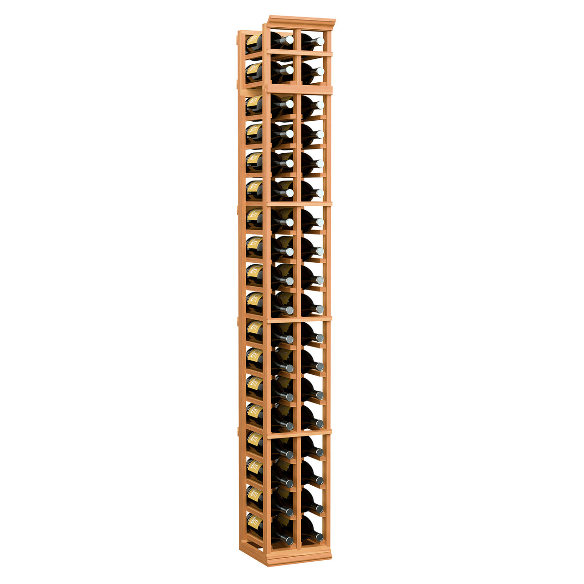 Two-column wine rack (7 ft) in warm wood tone, tall cabinet with bottle slots