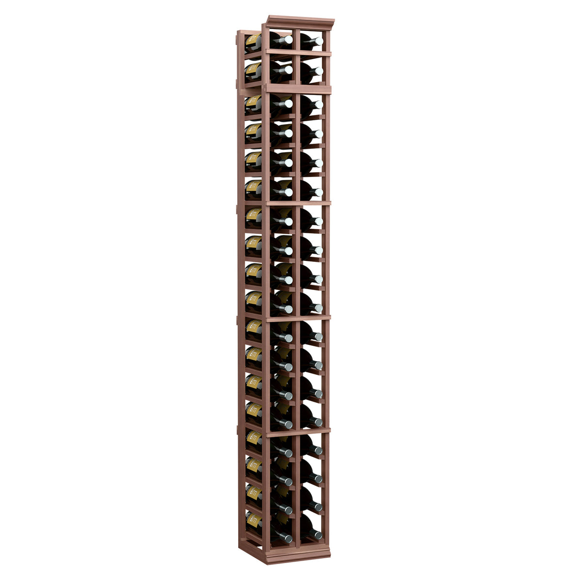 Two-column wine rack (7 ft) in dark wood tone, vertical bottle storage with grid