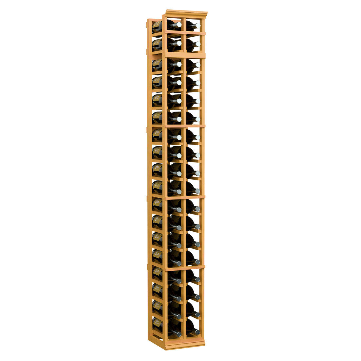 Two-column wine rack (7 ft) in golden wood tone, upright cabinet with bottle cubbies