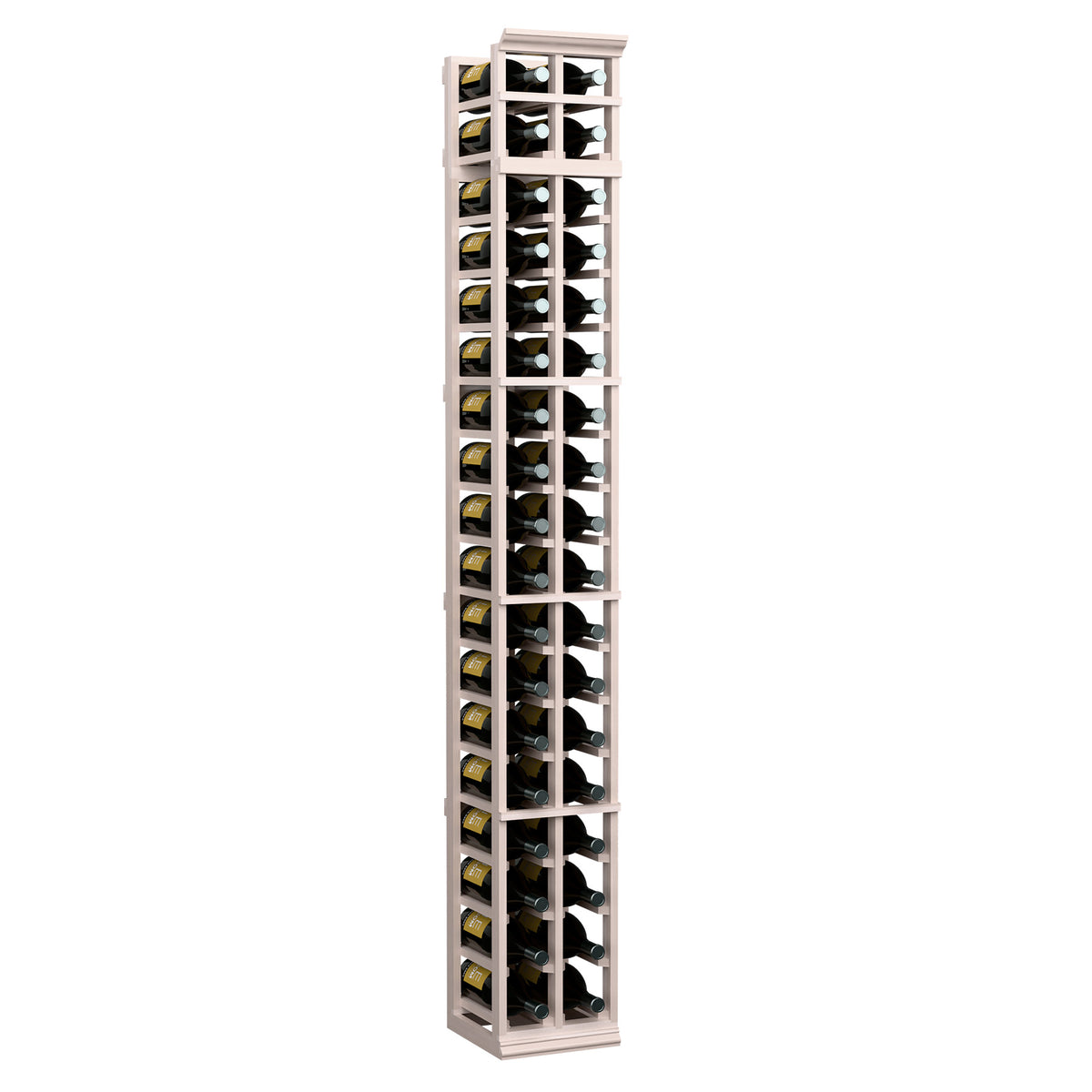 Two-column wine rack (7 ft) in light grey wood tone, tall cabinet with stacked bottle slots