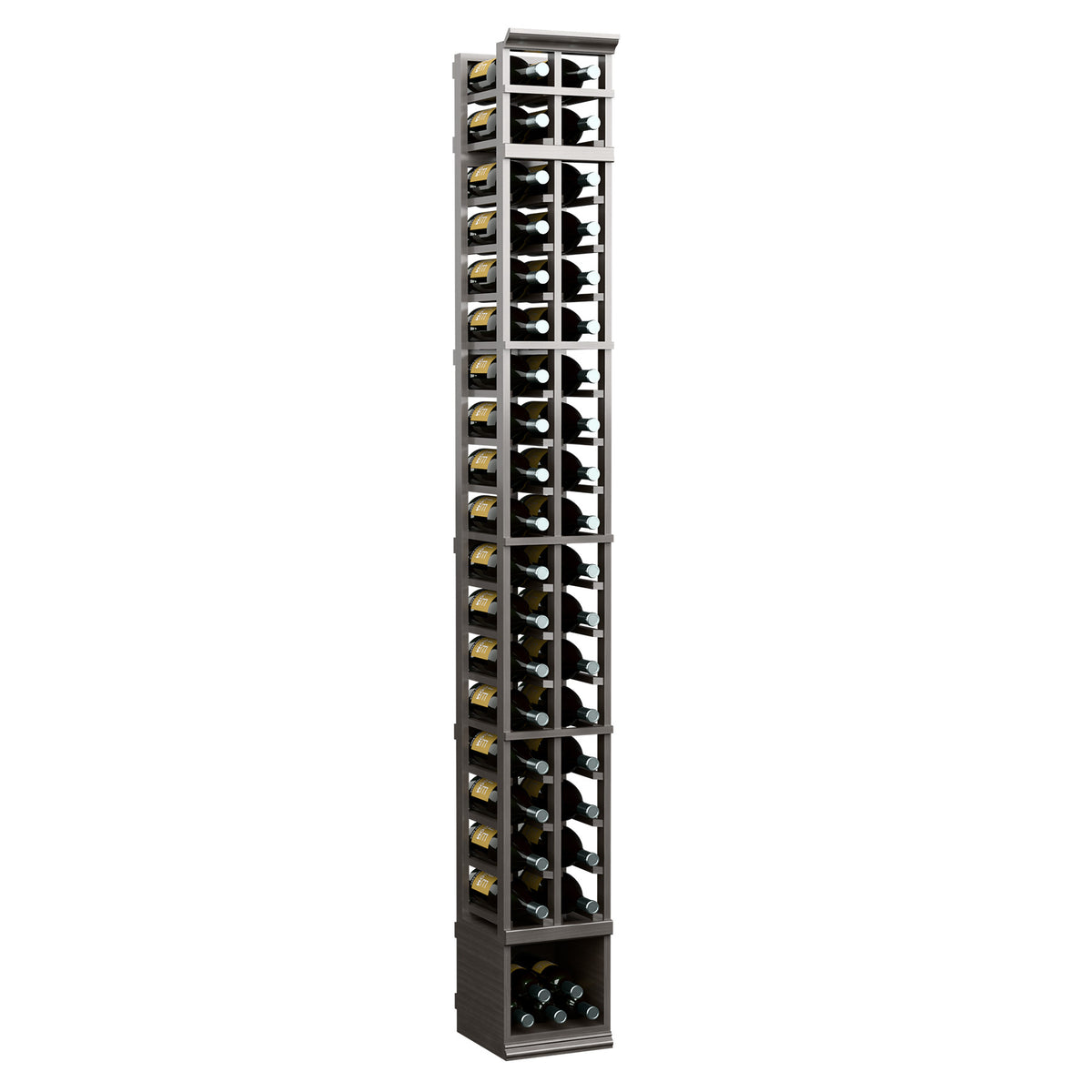 Black floor-standing magnum wine rack with two vertical rows and glass panels