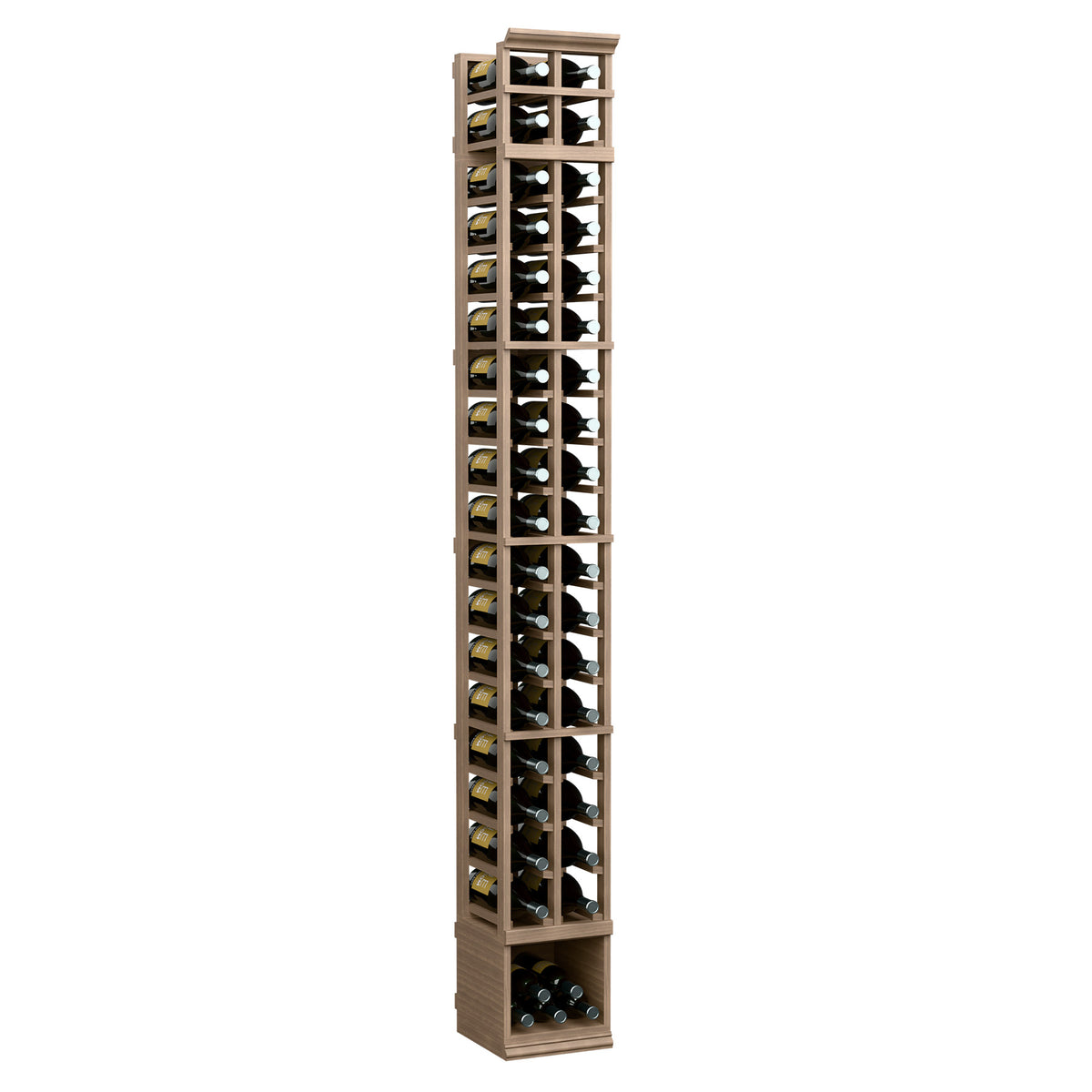 Natural-toned magnum wine rack with glass-front bottle slots and base bin
