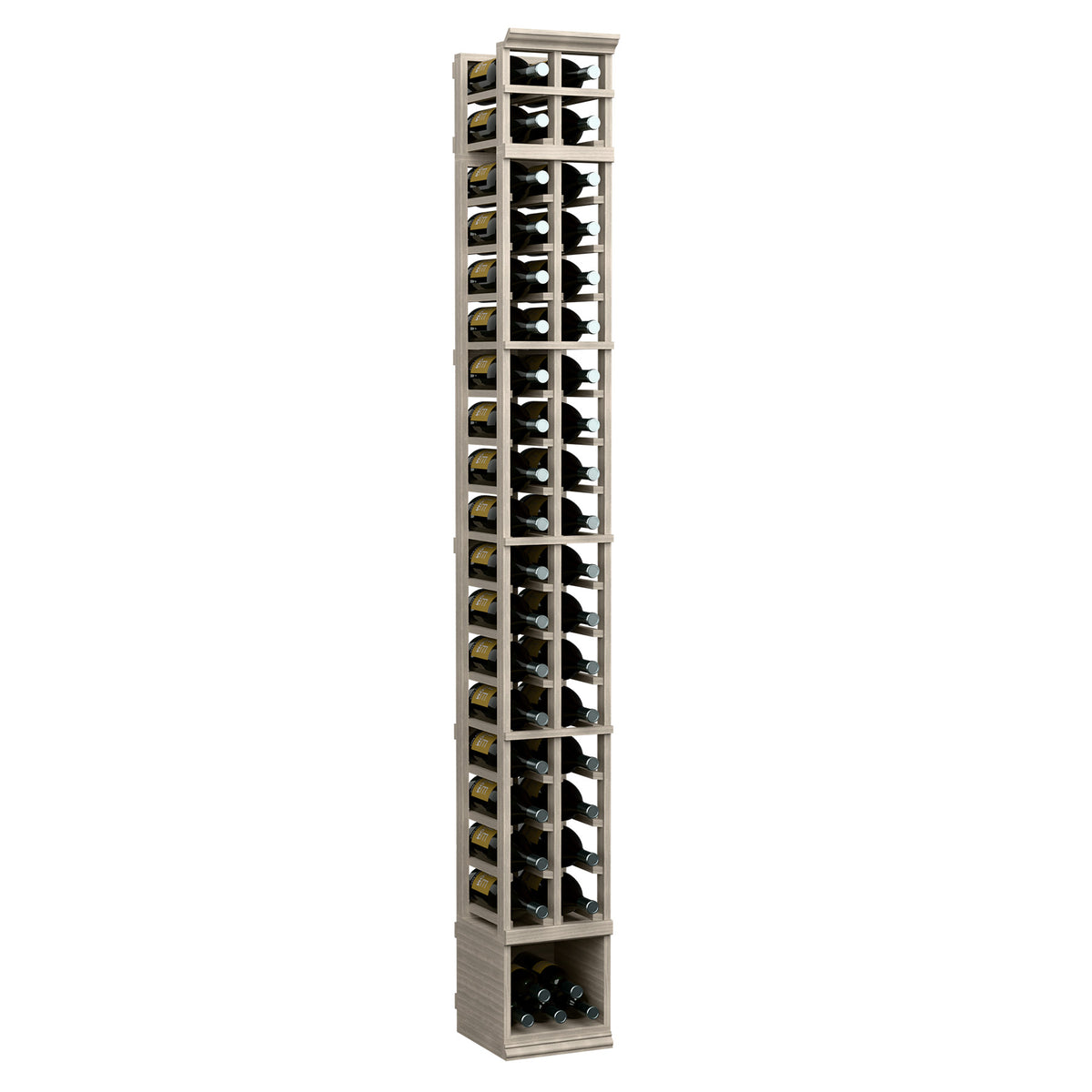 Whitewashed wooden 2-column magnum wine bottle rack with clear front and bottle slots
