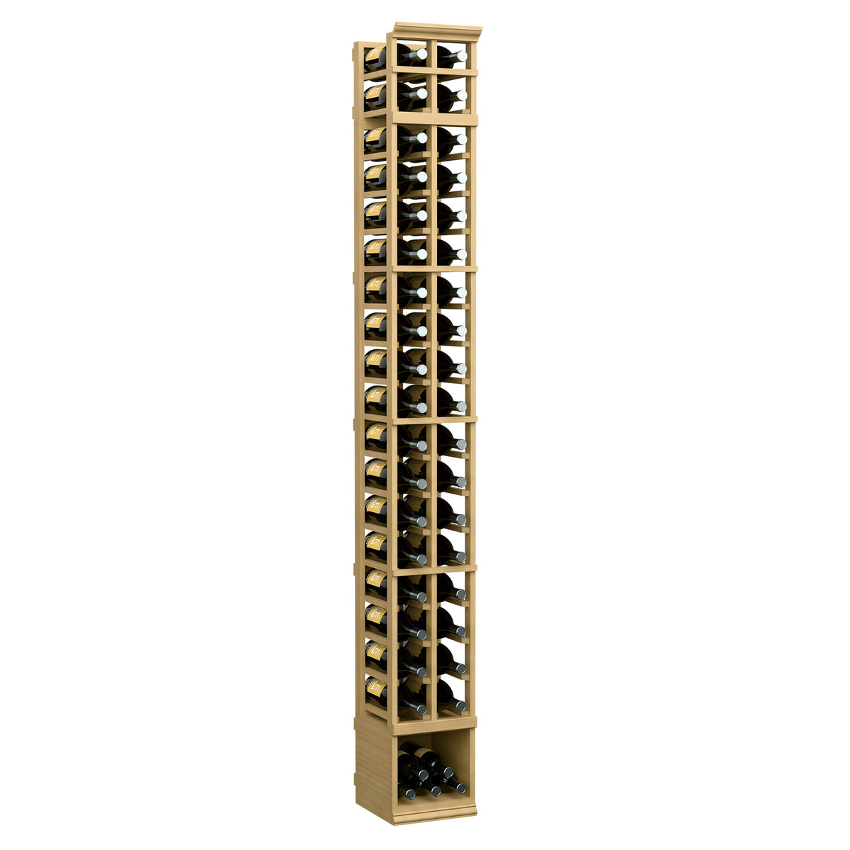Natural wood 2-column magnum wine bottle rack with front grid and filled bottle slots