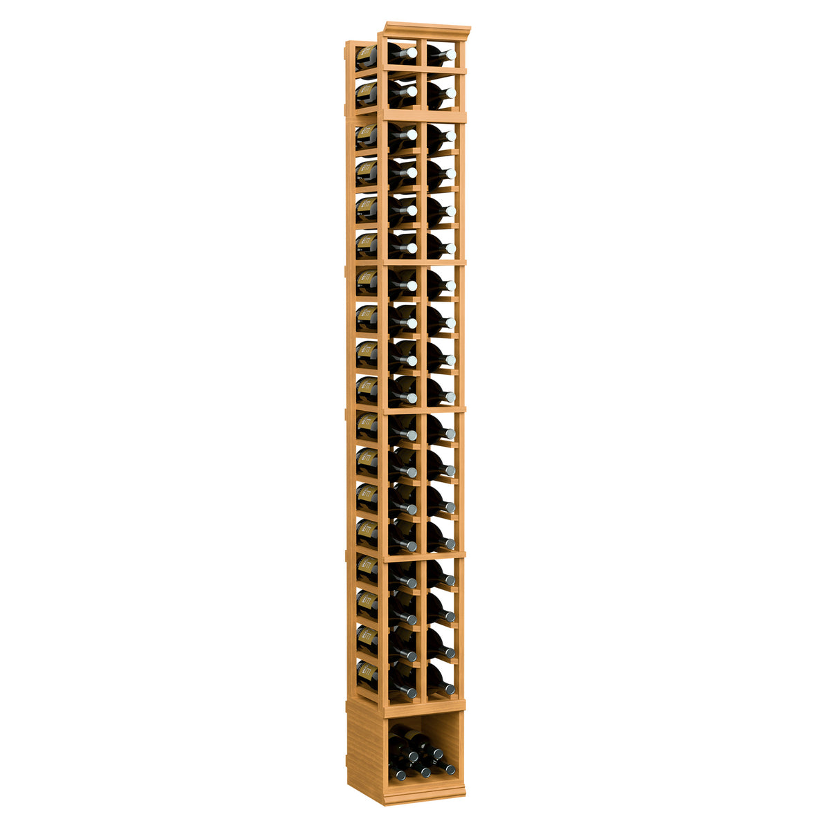 Light oak 2-column magnum wine bottle rack with clear front and bottle storage grid