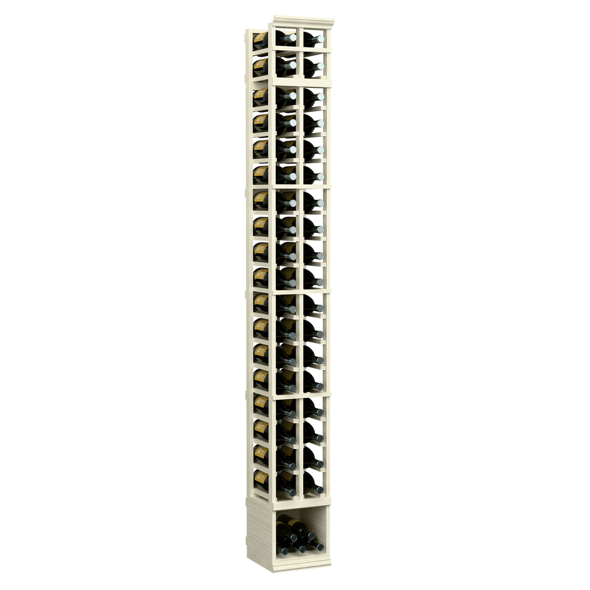 Light whitewashed 2-column magnum wine bottle rack with clear front and bottle slots