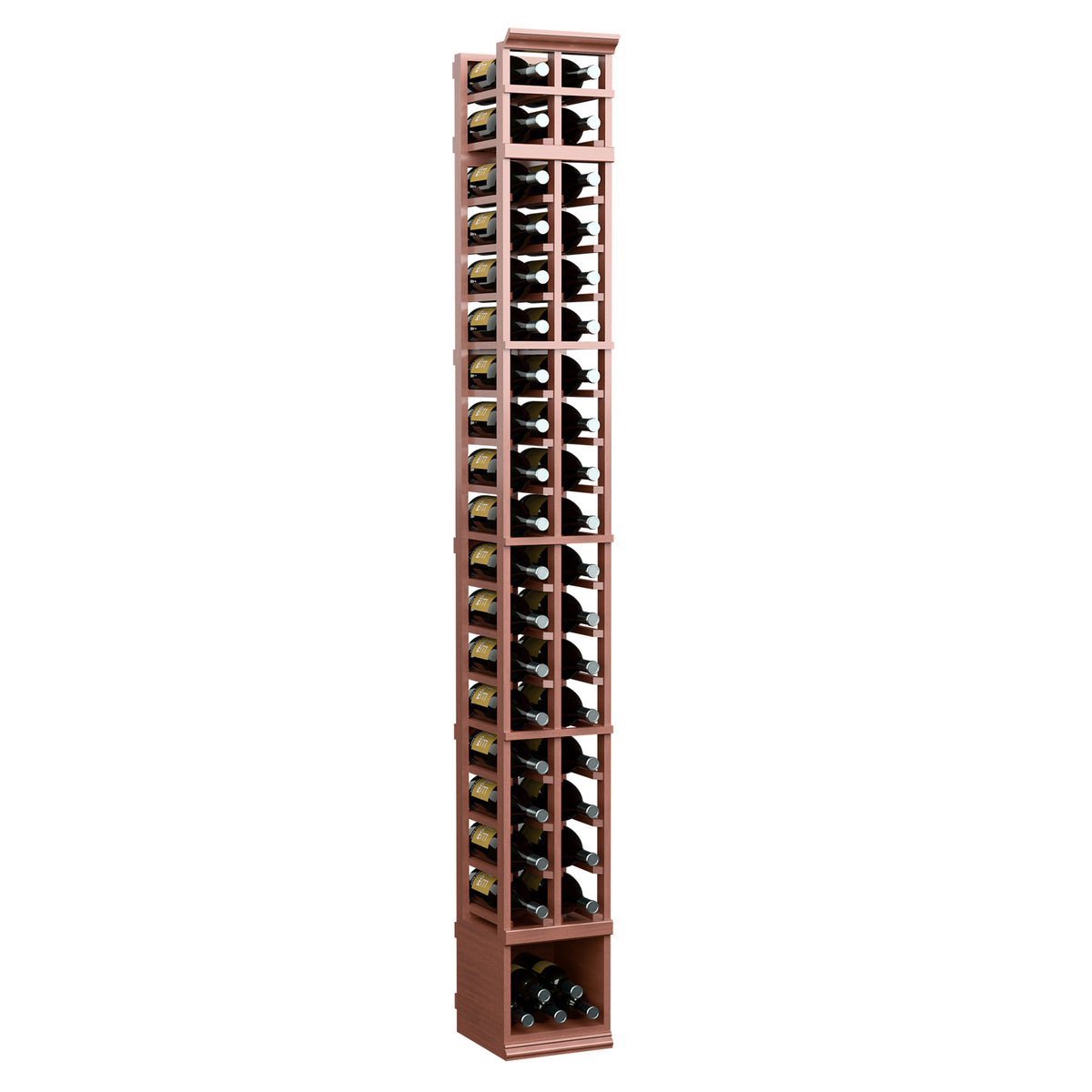 2-column magnum wine bottle rack, 8 ft, warm reddish-brown wood with bottle slots and base bin