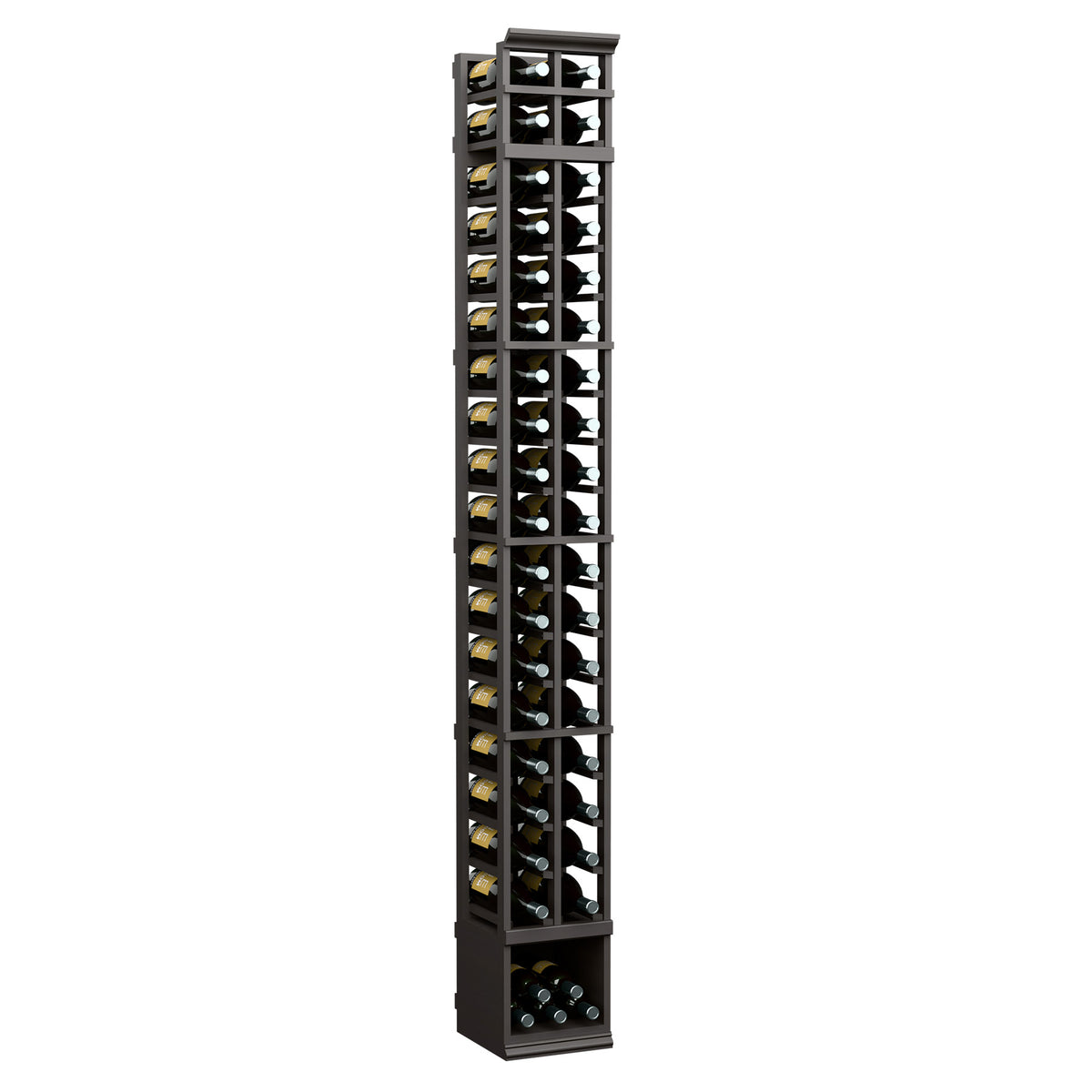 2-column magnum wine bottle rack, 8 ft, black/dark wood with glass-front cubbies and base bin