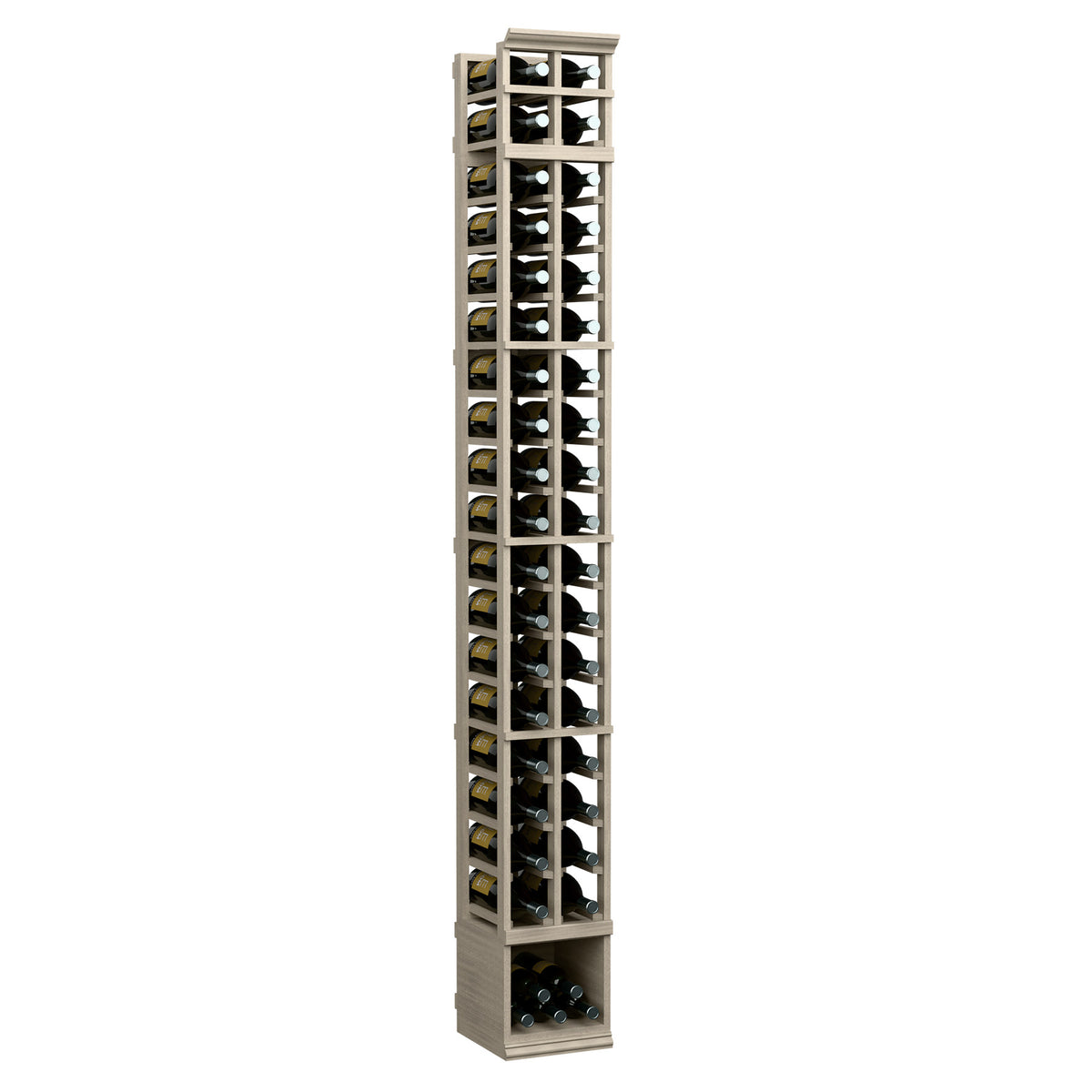 White-wash two-column wine bottle rack with clear glass bottle holders