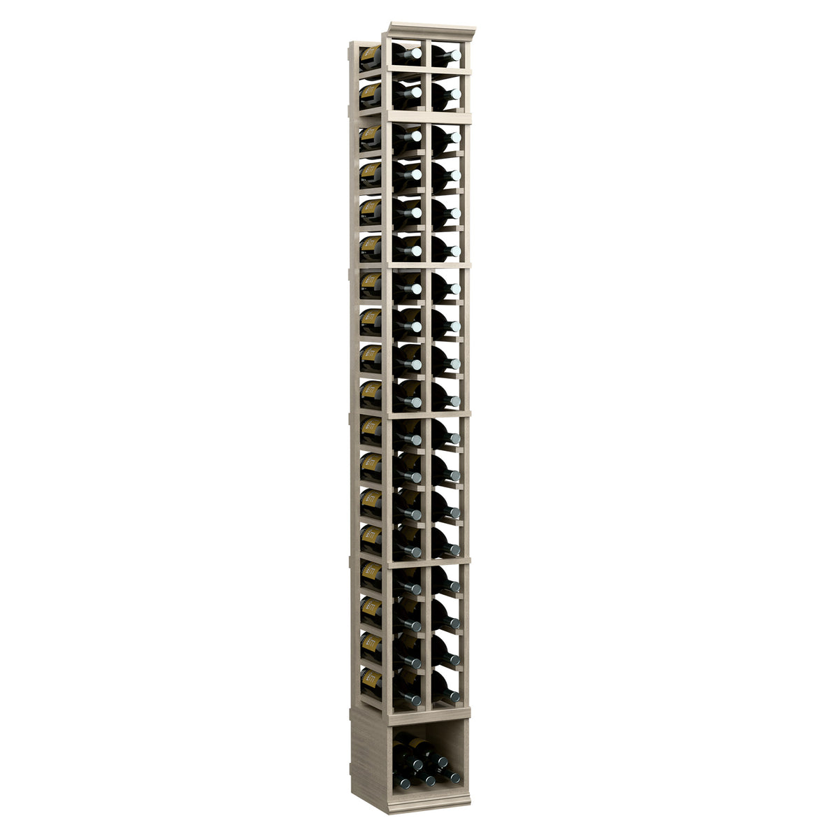 White-wash two-column wine bottle rack with two rows of glass-front slots
