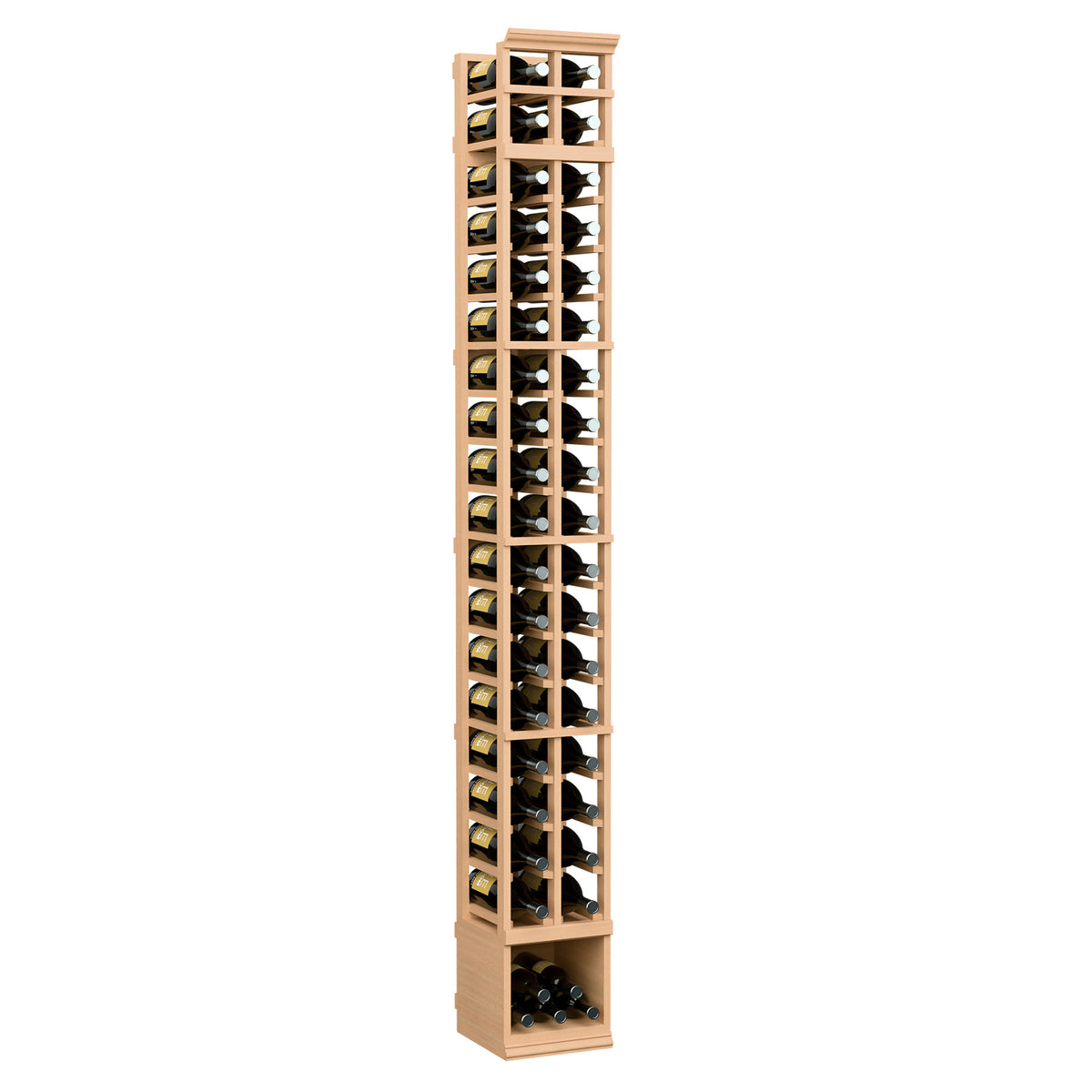 Natural wood two-column wine bottle rack with clear glass bottle compartments