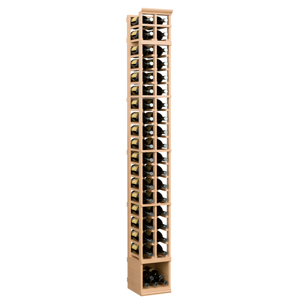 Natural wood two-column wine bottle rack with stacked glass-front bottle slots