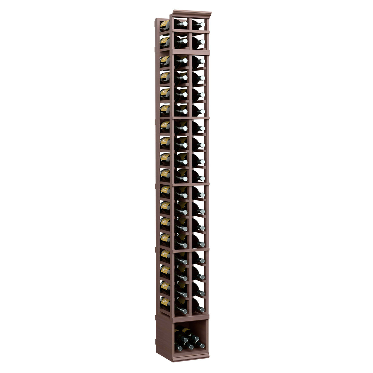 Dark-stained two-column wine bottle rack with clear glass bottle compartments