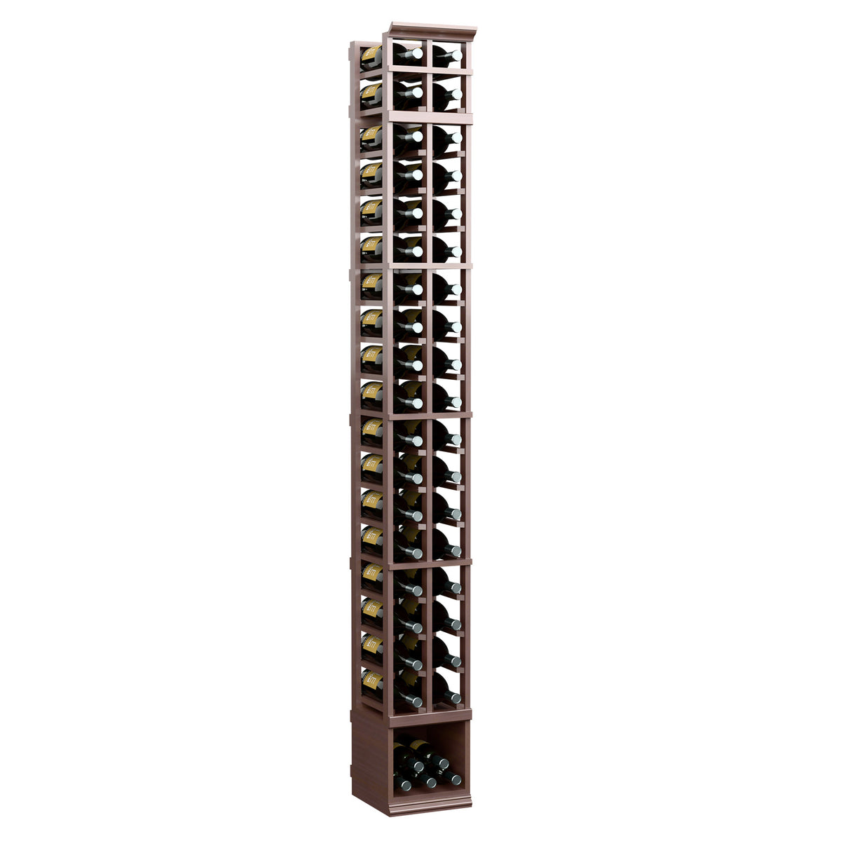 Dark-stained two-column wine bottle rack with glass-front bottle holder rows