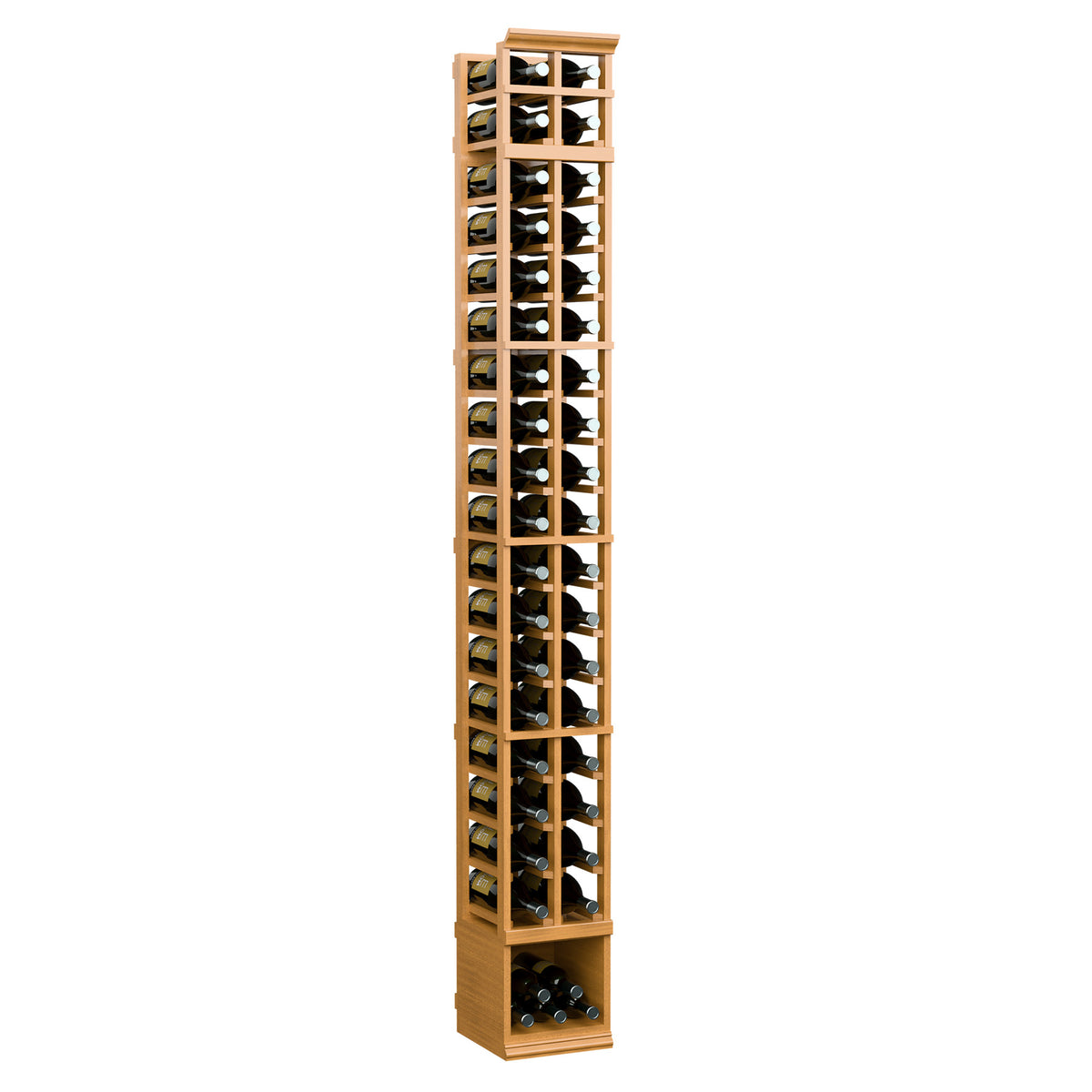 Honey wood two-column wine bottle rack with clear glass bottle slots