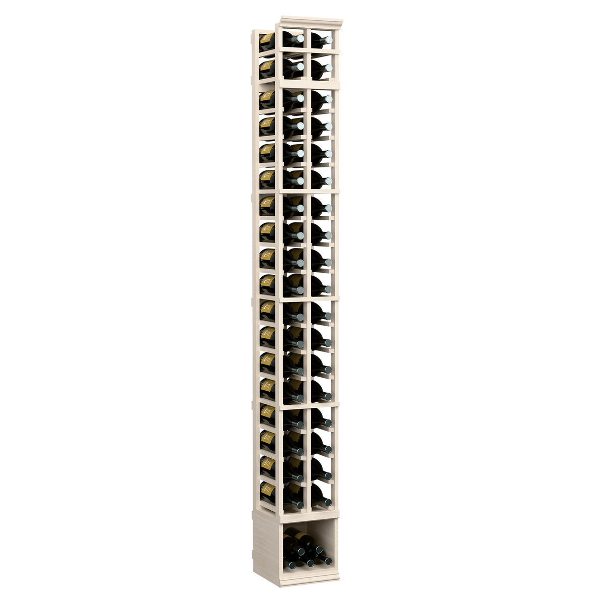 Pale white two-column wine bottle rack with clear glass bottle compartments