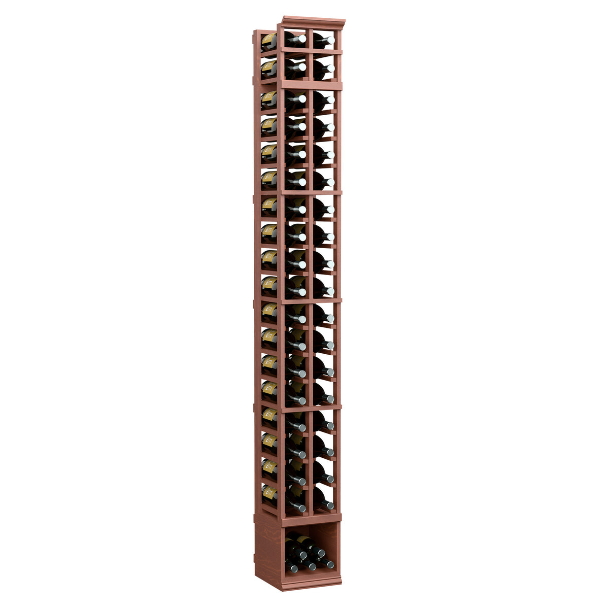 Wine rack for magnum bottles, reddish wood frame with glass-front 2-column rows, 8 ft.