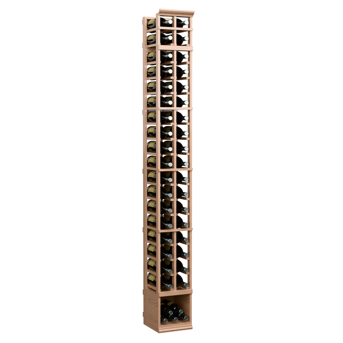 Wine rack for magnum bottles, light wood frame with glass-front 2-column grid, 8 ft.