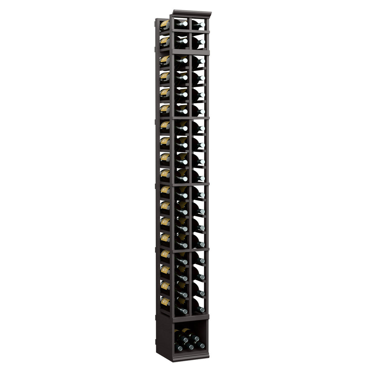 Wine rack for magnum bottles, dark wood frame with glass-front 2-column rows, 8 ft.