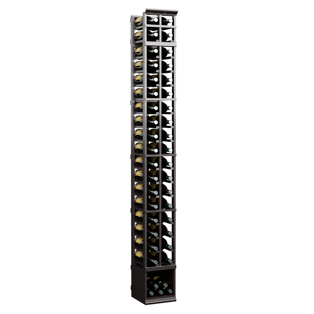 Wine rack for magnum bottles, dark wood frame with glass-front 2-column grid, 8 ft.