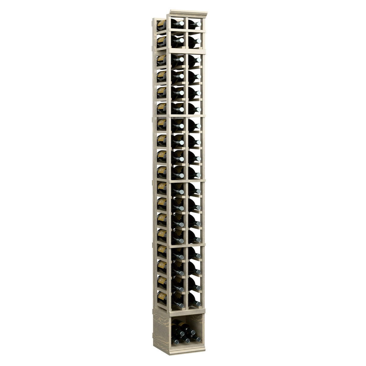 Natural 2-column wooden wine bottle rack with clear glass panels and bottle slots
