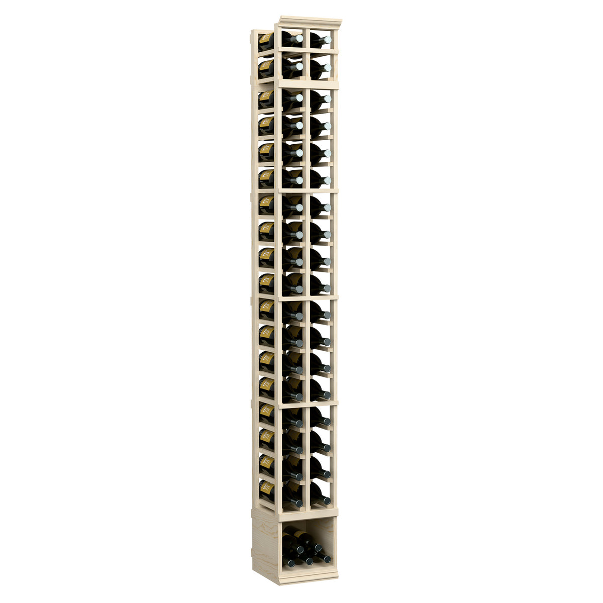Natural 2-column wooden wine bottle rack with clear glass front and bottom storage bin