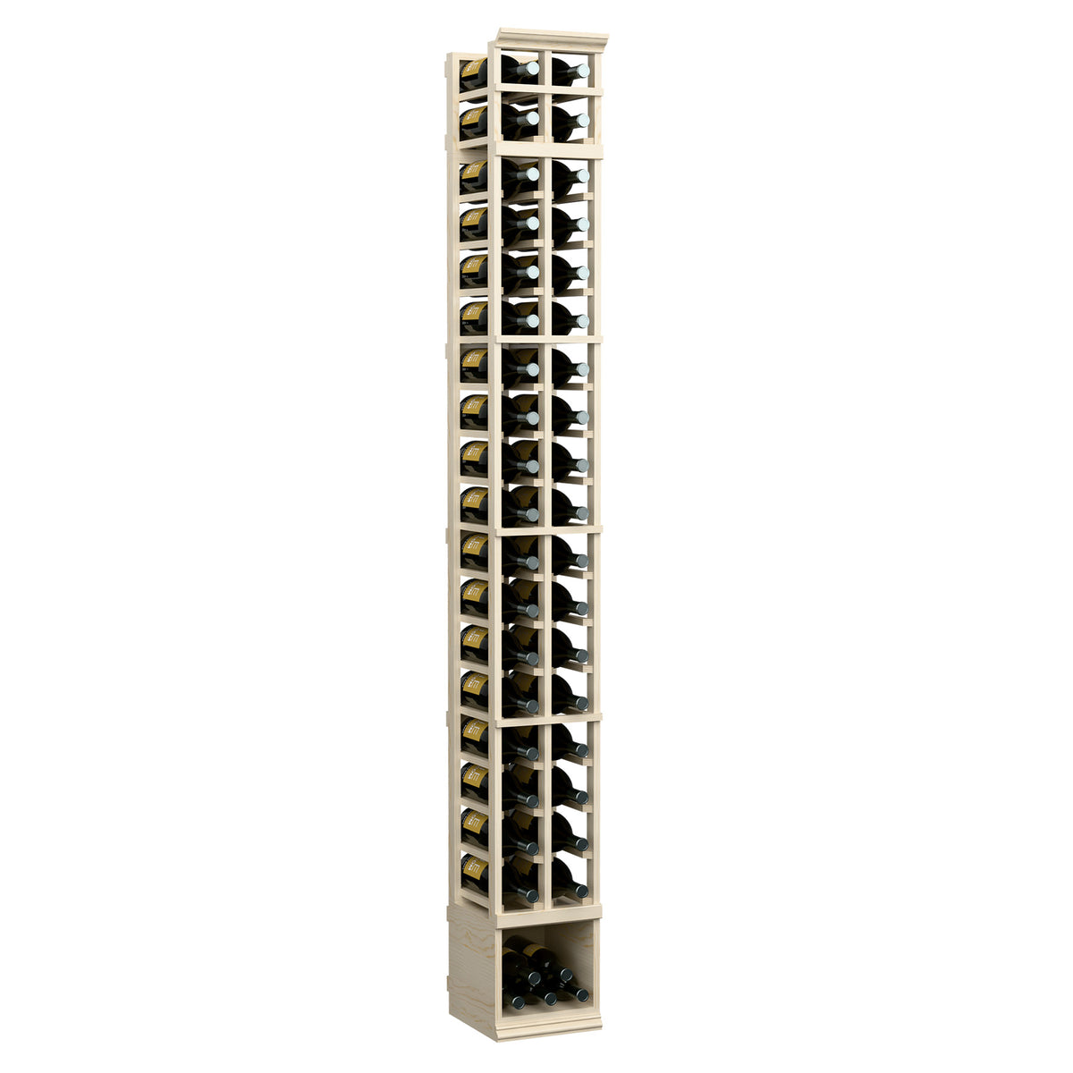 Natural 2-column wooden wine bottle rack with clear glass front and vertical bottle columns