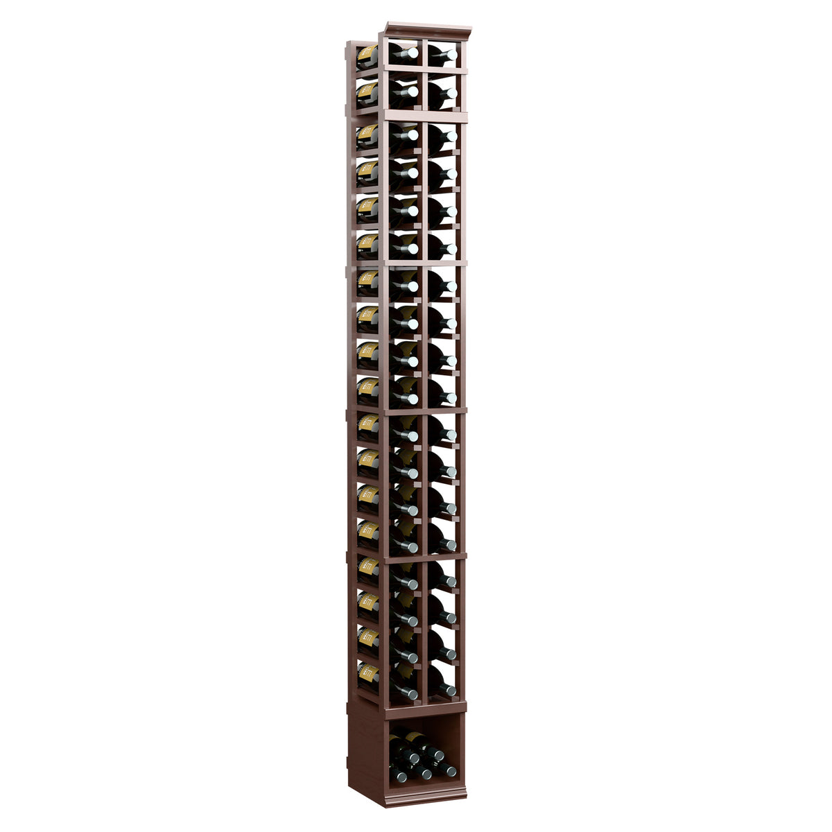 Dark brown 2-column wooden wine bottle rack with clear glass panels and bottom bin