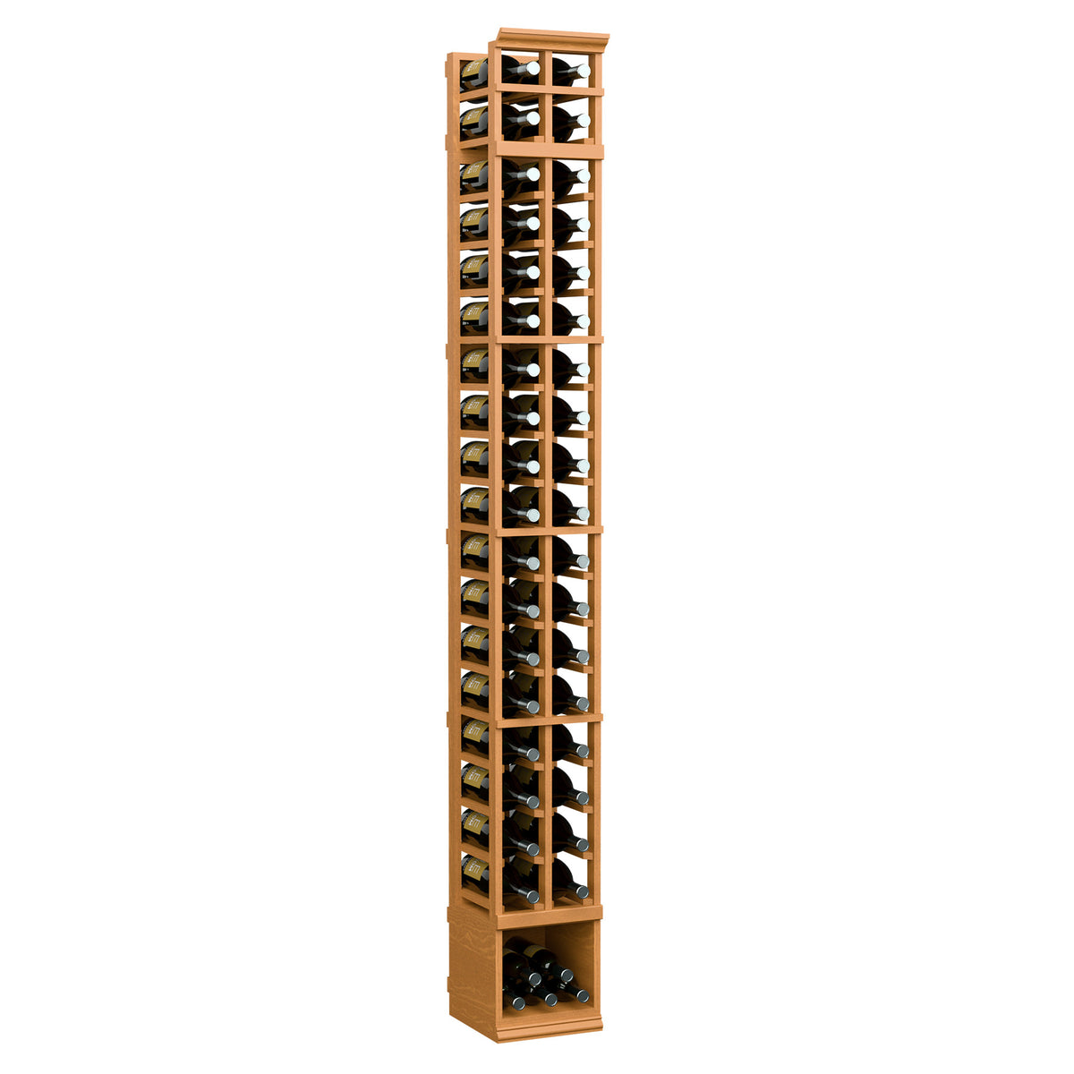 Light wood 2-column wooden wine bottle rack with clear glass front, 8 ft tall