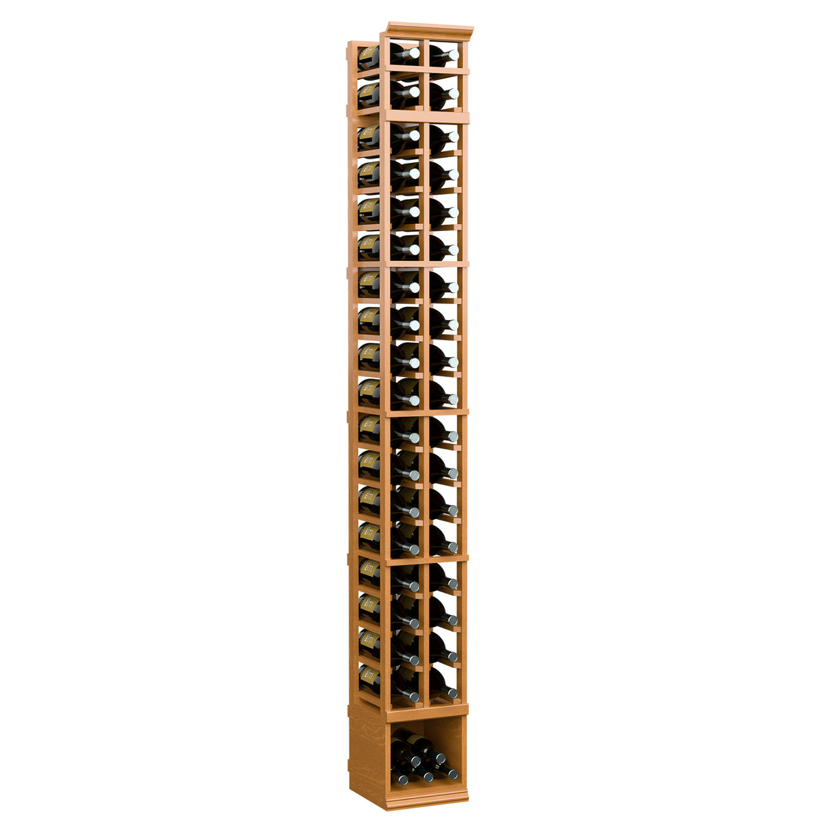 Light wood 2-column wooden wine bottle rack with clear glass front and vertical slots